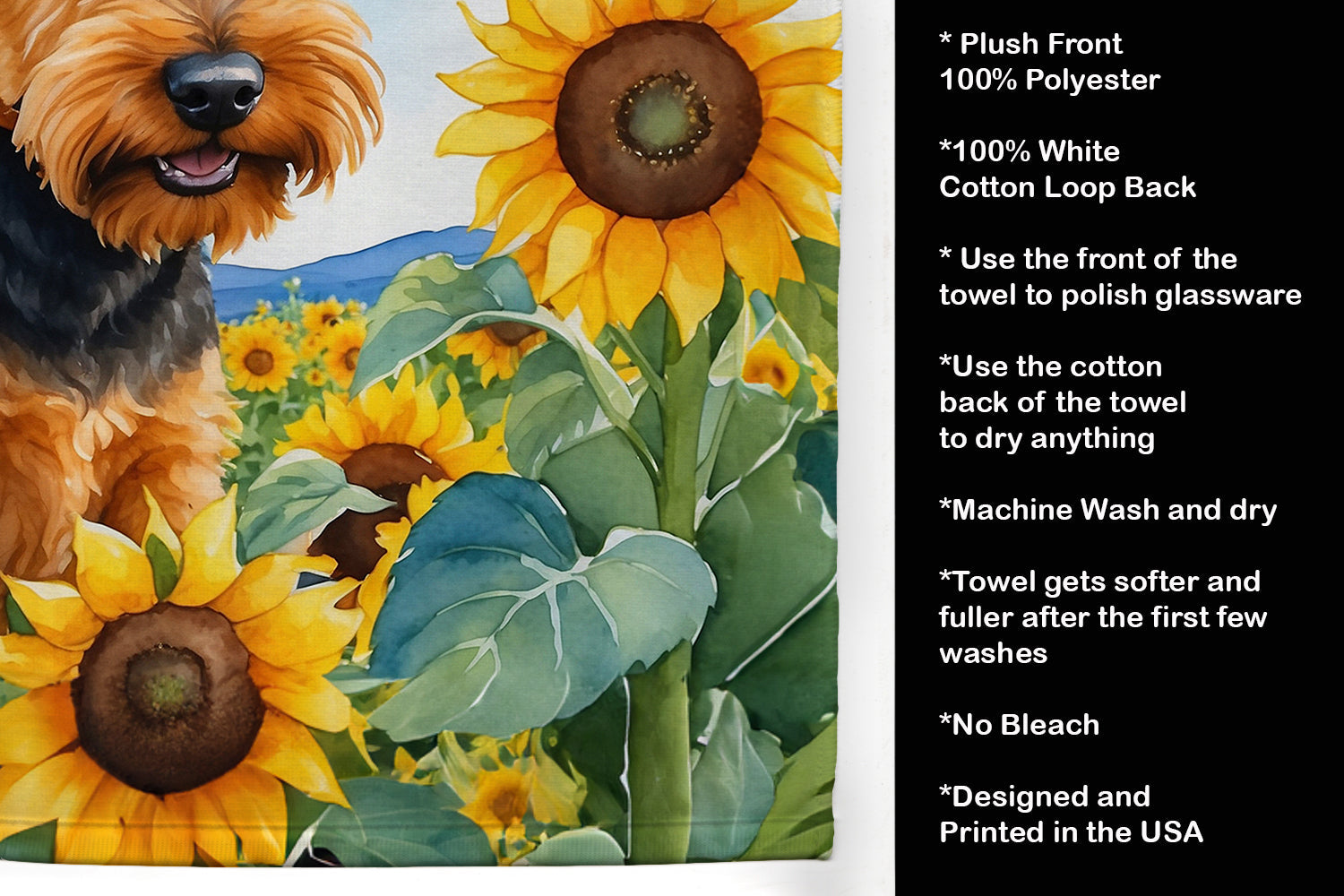 Welsh Terrier in Sunflowers Kitchen Towel Velour Plush Front and Cotton Loop Back Machine Washable