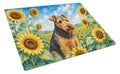Welsh Terrier in Sunflowers Cutting Board Tempered Glass Kitchen Cutting Surface, Heat Resistant Chopping Board with Non-Slip Feet, Decorative Food Prep & Serving