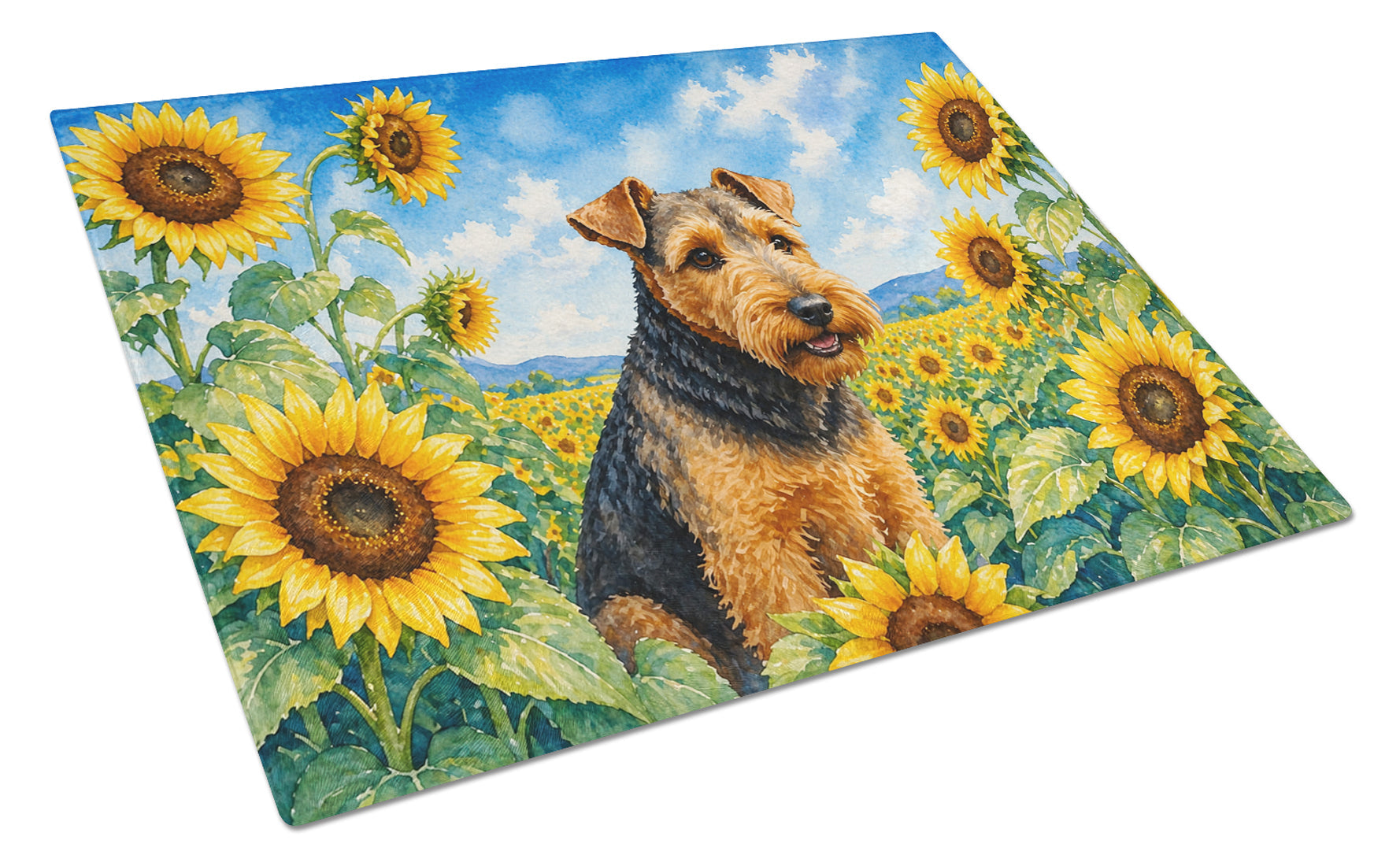 Welsh Terrier in Sunflowers Cutting Board Tempered Glass Kitchen Cutting Surface, Heat Resistant Chopping Board with Non-Slip Feet, Decorative Food Prep & Serving