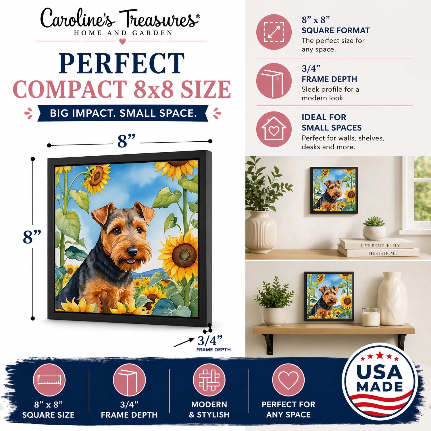 Welsh Terrier in Sunflowers Framed Metal Print Bathroom, Kitchen, Office, Home Decor Wall Art Ready to Hang, Square, 8X8
