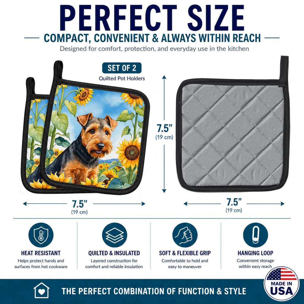 Welsh Terrier in Sunflowers Pot Holder Set of 2 Heat Resistant Quilted Hot Pads 7.5 x 7.5 Inch, Insulated Kitchen Trivets for Cooking & Baking