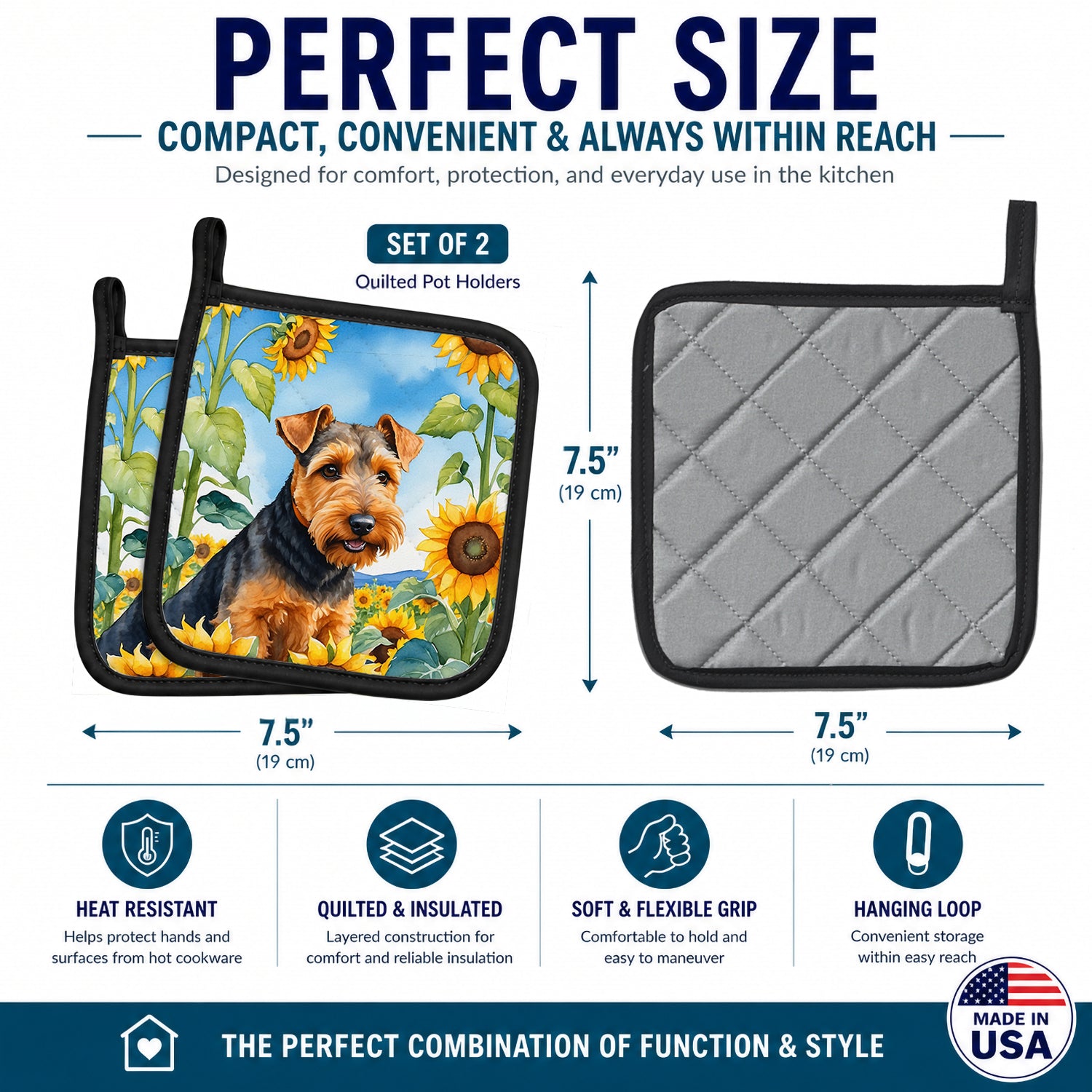 Welsh Terrier in Sunflowers Pot Holder Set of 2 Heat Resistant Quilted Hot Pads 7.5 x 7.5 Inch, Insulated Kitchen Trivets for Cooking & Baking