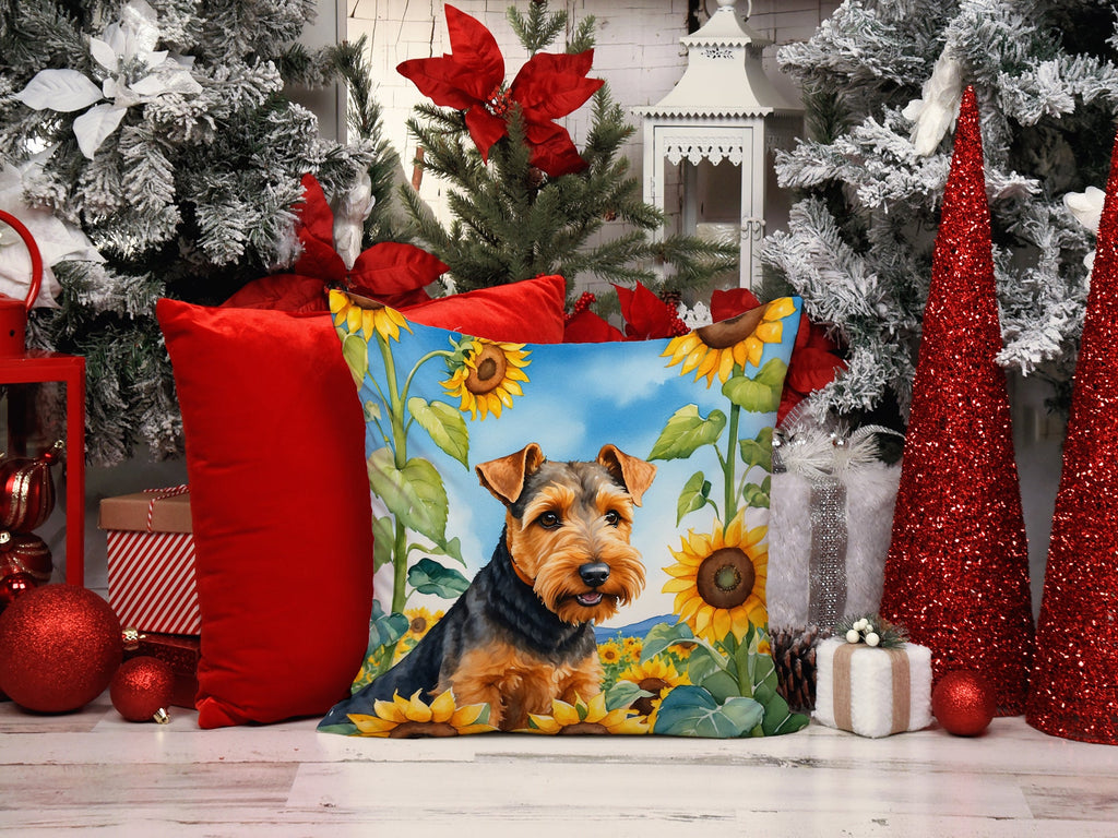 Welsh Terrier in Sunflowers Decorative Throw Pillow 14x14 Indoor Outdoor Accent Cushion, Fabric Cover with Insert for Sofa, Bed, Porch & Living Room