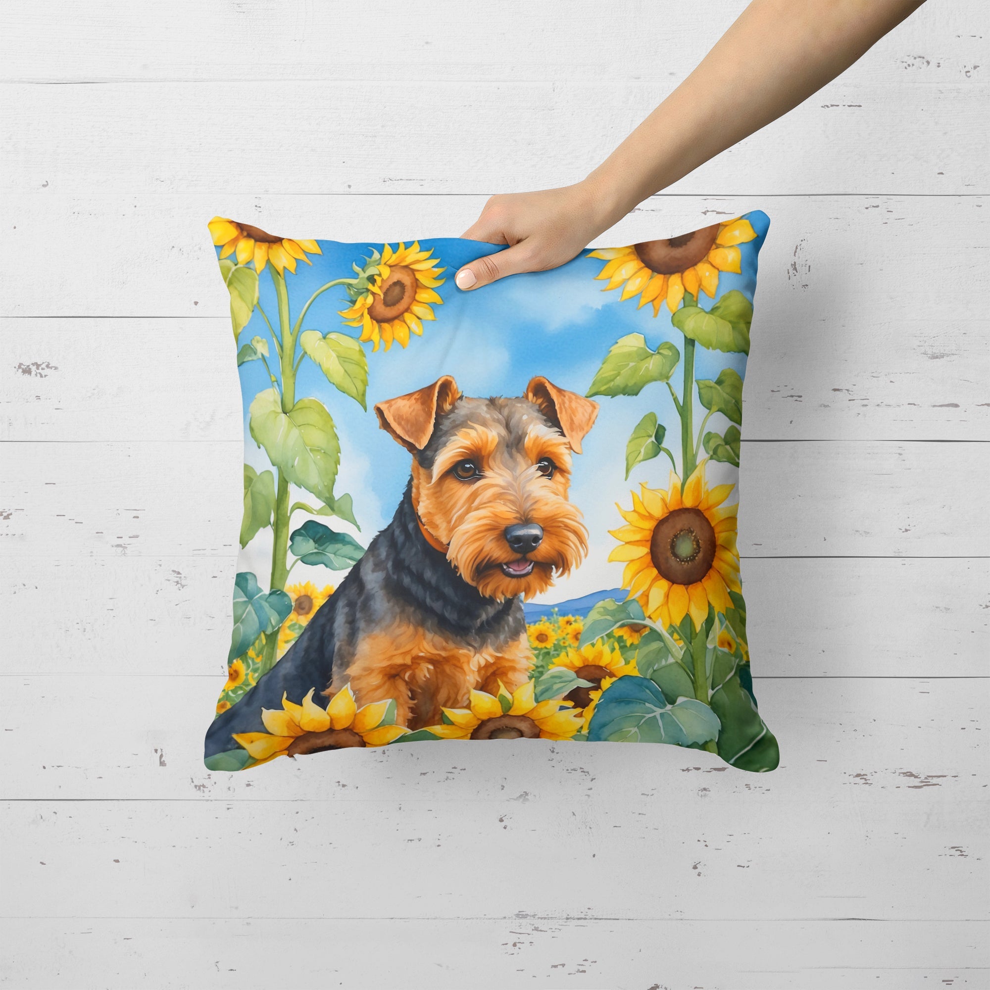 Welsh Terrier in Sunflowers Decorative Throw Pillow 18x18 Indoor Outdoor Accent Cushion, Fabric Cover with Insert for Sofa, Bed, Porch & Living Room