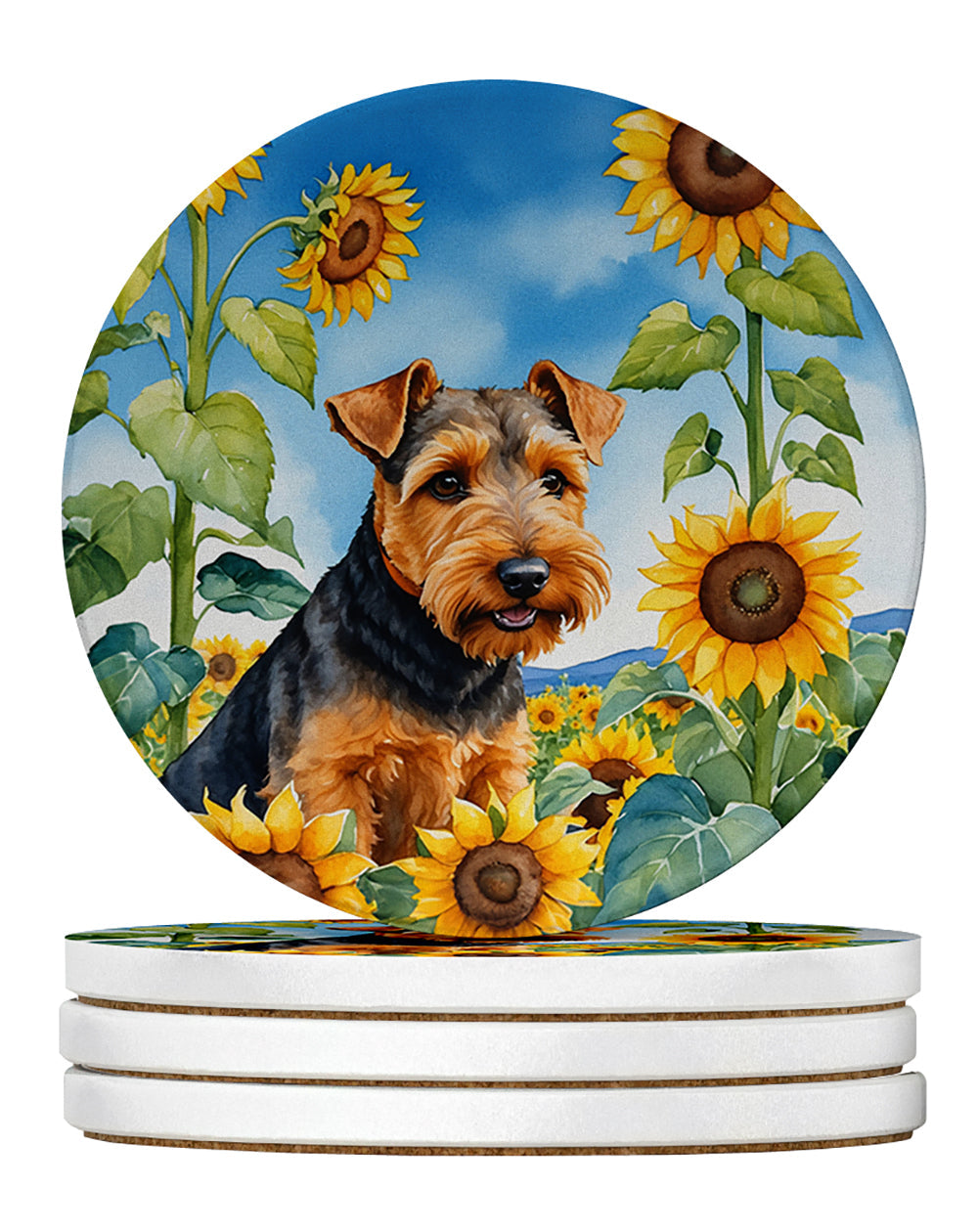 Welsh Terrier in Sunflowers Large Sandstone Coasters Pack of 4 Absorbent Round Coasters Decor Gifts for Men or Women, 4 in, Multicolor