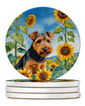 Welsh Terrier in Sunflowers Large Sandstone Coasters Pack of 4 Absorbent Round Coasters Decor Gifts for Men or Women, 4 in, Multicolor