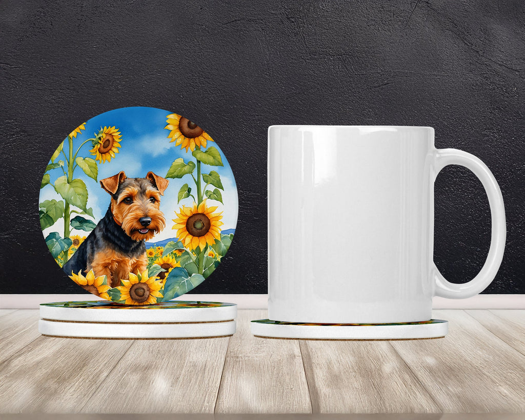 Welsh Terrier in Sunflowers Large Sandstone Coasters Pack of 4 Absorbent Round Coasters Decor Gifts for Men or Women, 4 in, Multicolor