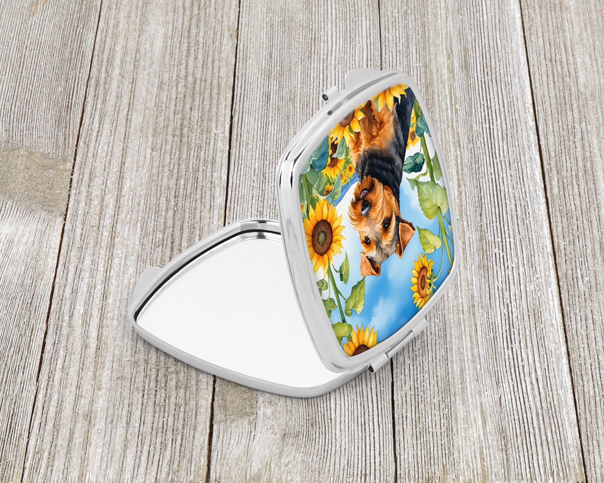 Welsh Terrier in Sunflowers Compact Mirror Decorative Travel Makeup Mirror for Women Girls Gifts Pocket Makeup Mirror Folding Handheld