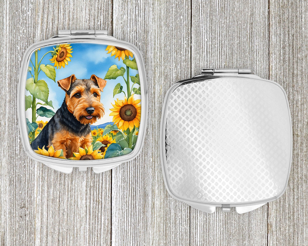 Welsh Terrier in Sunflowers Compact Mirror Decorative Travel Makeup Mirror for Women Girls Gifts Pocket Makeup Mirror Folding Handheld