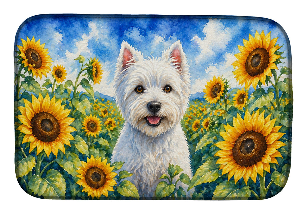 Westie in Sunflowers Dish Drying Mat Absorbent Dish Drying Mat Pad for Kitchen Counter Dish Drainer Mat for Countertop, 14 x 21", Multicolor