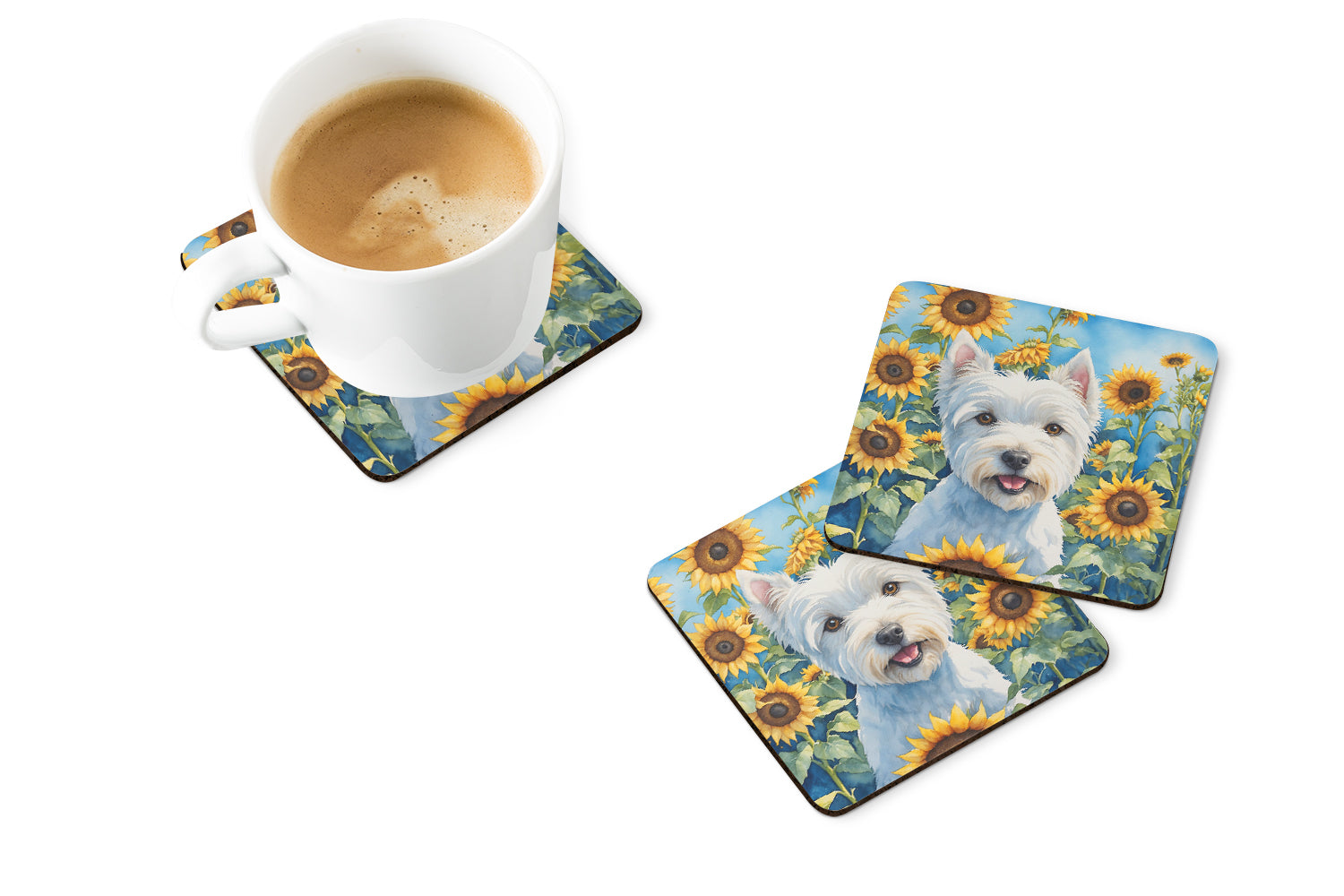 Westie in Sunflowers Foam Coasters Set of 4 Cup Coasters for Indoor Outdoor, Tabletop Protection, Anti Slip, Mouse pad Material