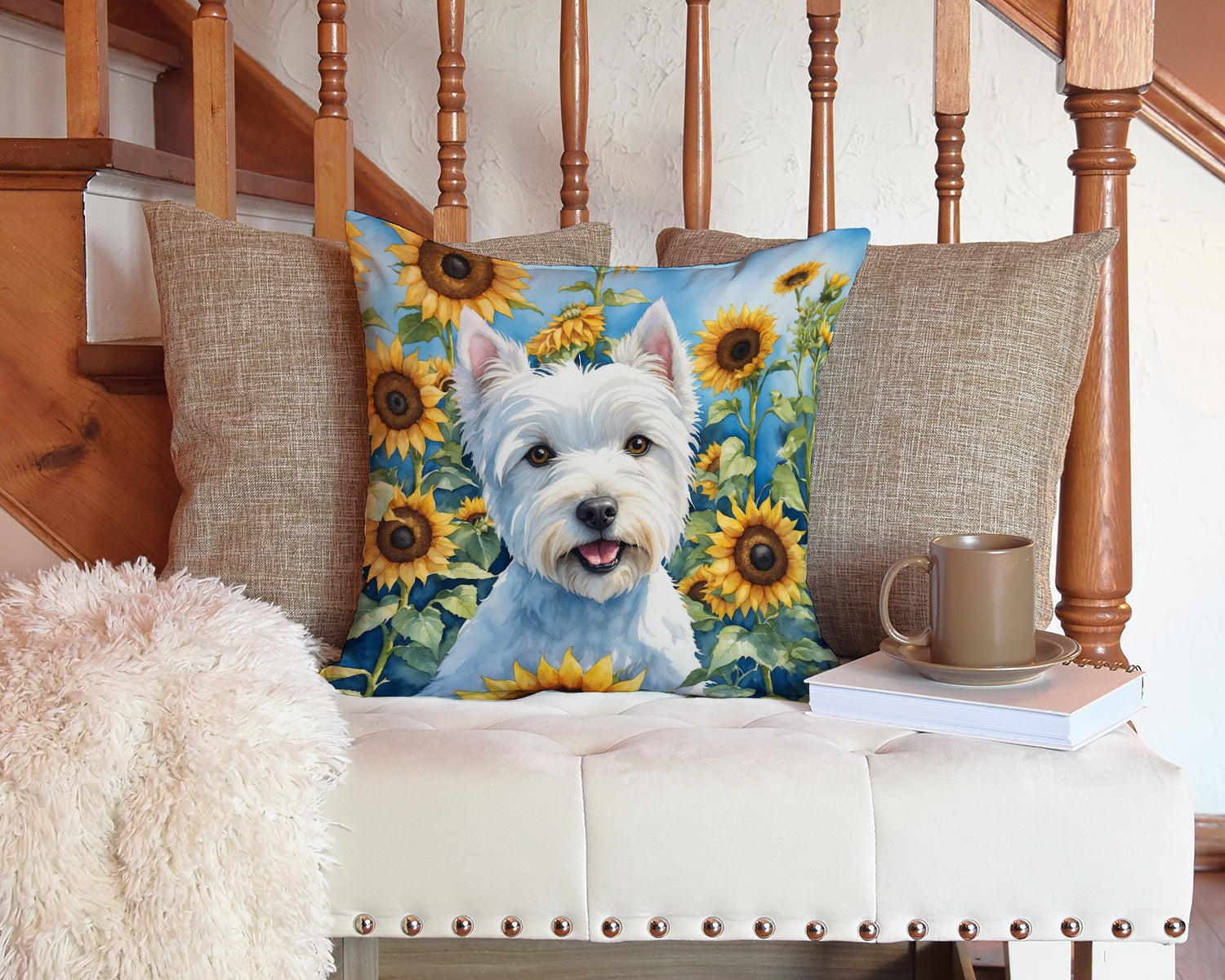 Westie in Sunflowers Decorative Throw Pillow 14x14 Indoor Outdoor Accent Cushion, Fabric Cover with Insert for Sofa, Bed, Porch & Living Room