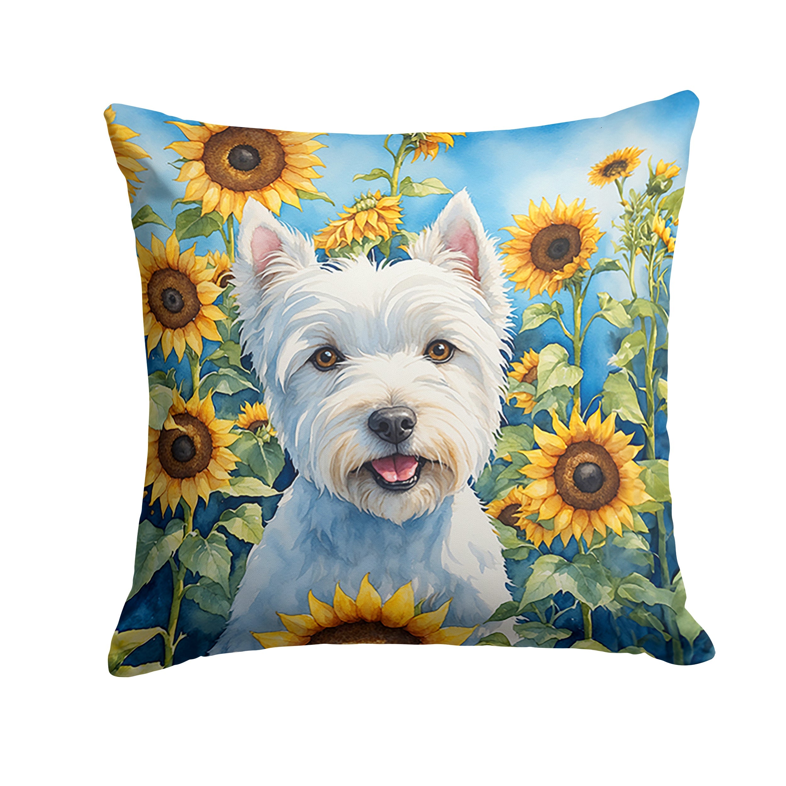 Westie in Sunflowers Decorative Throw Pillow 18x18 Indoor Outdoor Accent Cushion, Fabric Cover with Insert for Sofa, Bed, Porch & Living Room