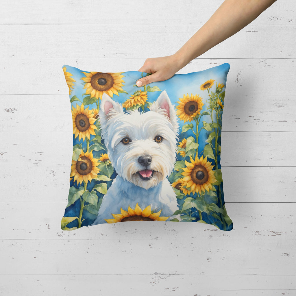 Westie in Sunflowers Decorative Throw Pillow 18x18 Indoor Outdoor Accent Cushion, Fabric Cover with Insert for Sofa, Bed, Porch & Living Room