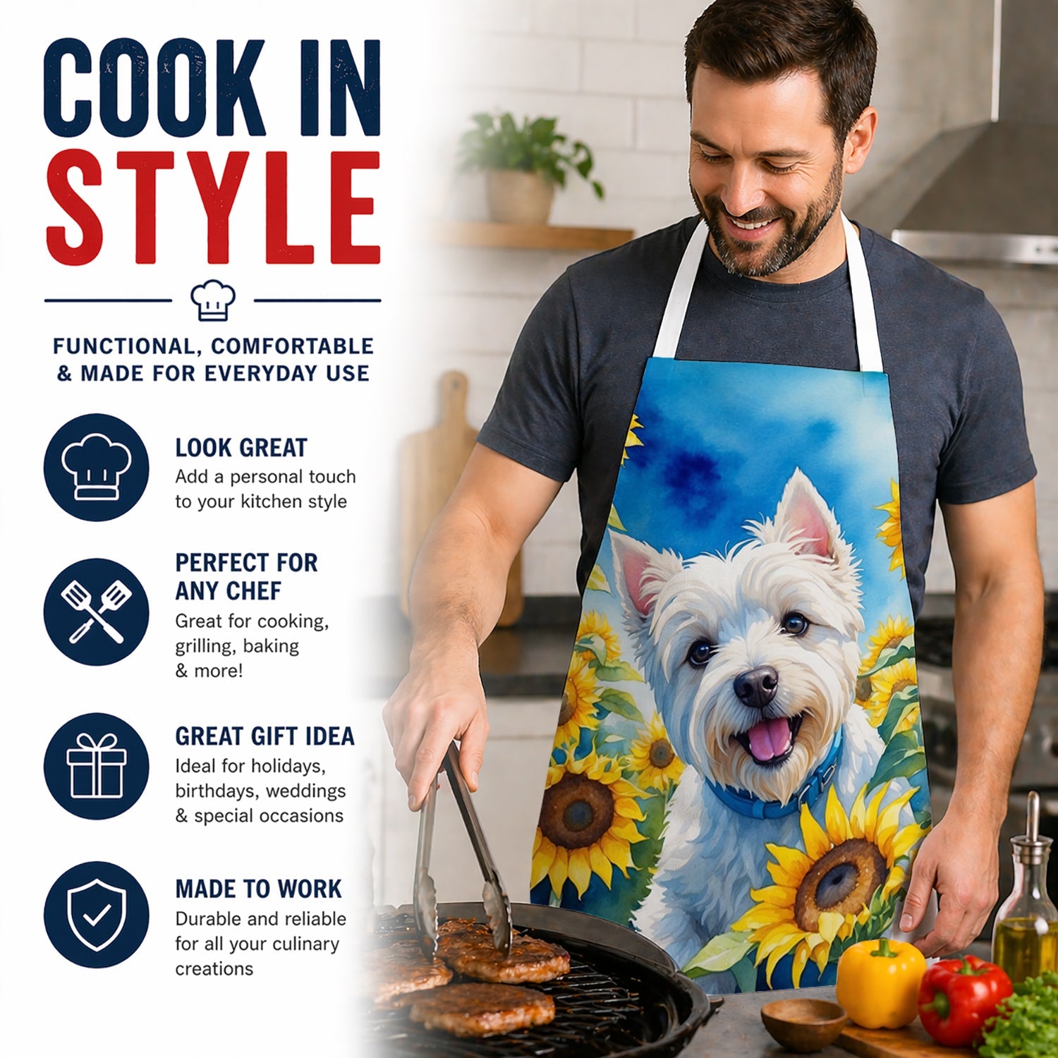 Westie in Sunflowers Apron Cooking Kitchen Server Baking Crafts Gardening for Adult Women Men, Unisex, Large, Multicolor