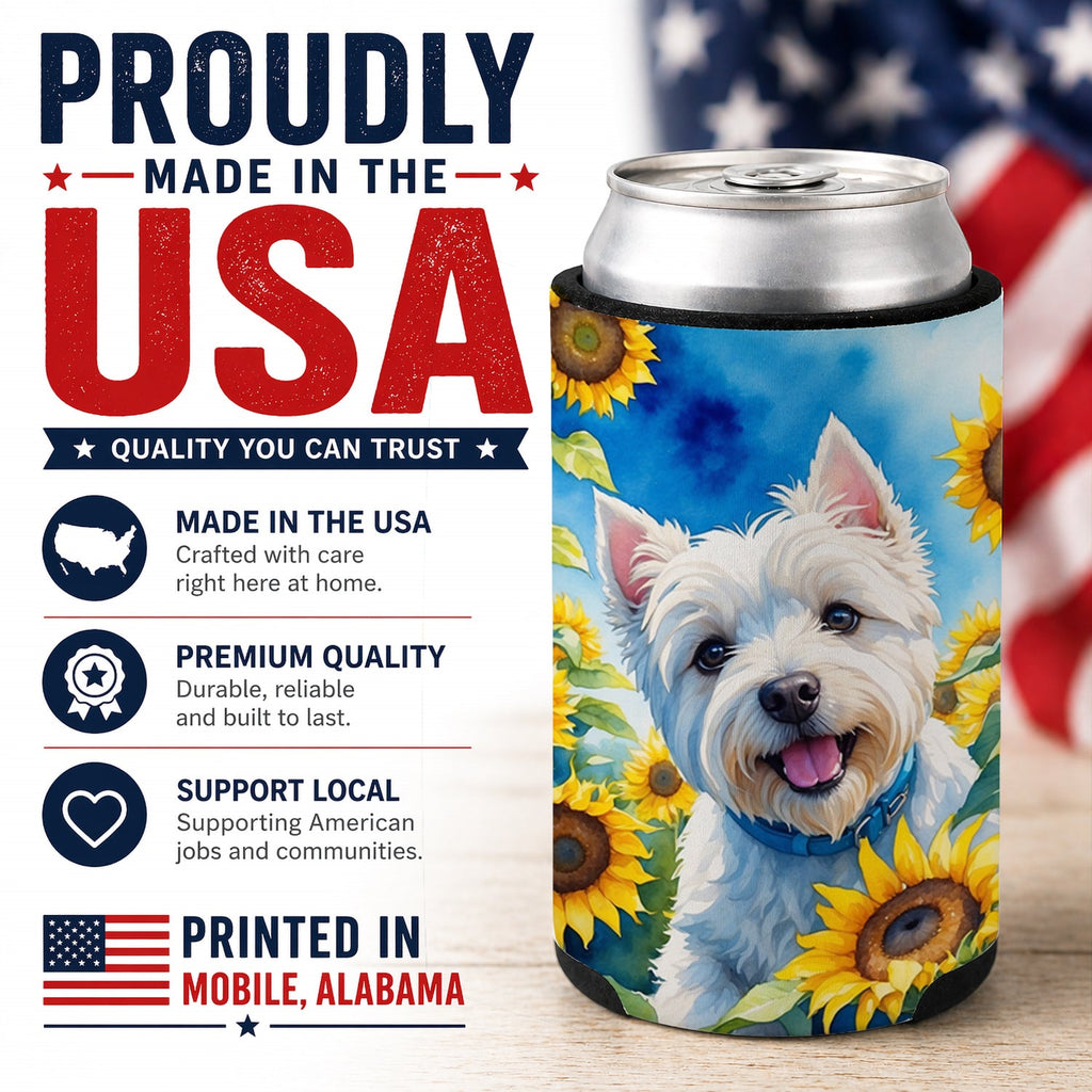 Westie in Sunflowers Can or Bottle Hugger Cooler Sleeve for Standard 12 oz Cans, Insulated Foam Beer & Soda Can Hugger Reusable