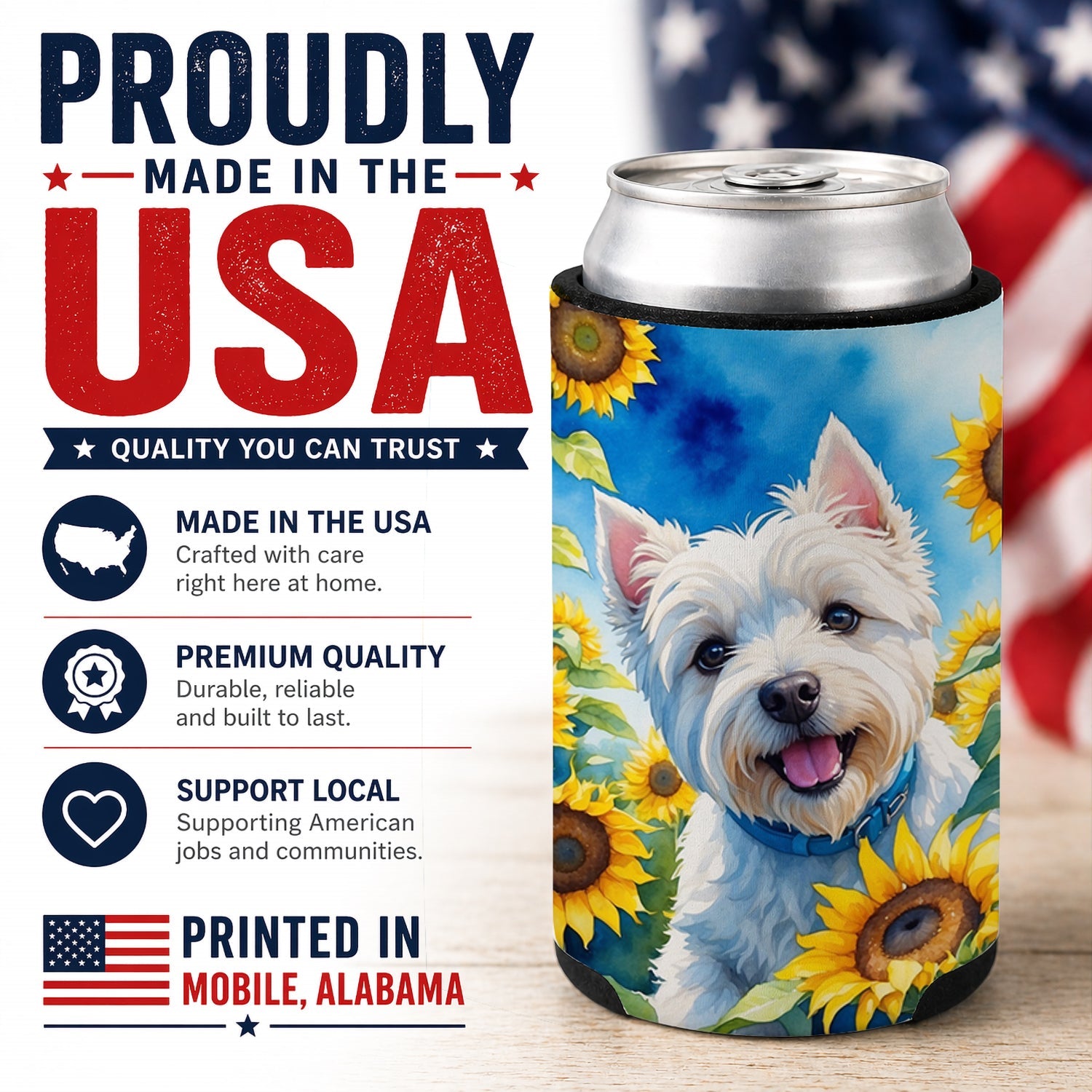 Westie in Sunflowers Can or Bottle Hugger Cooler Sleeve for Standard 12 oz Cans, Insulated Foam Beer & Soda Can Hugger Reusable