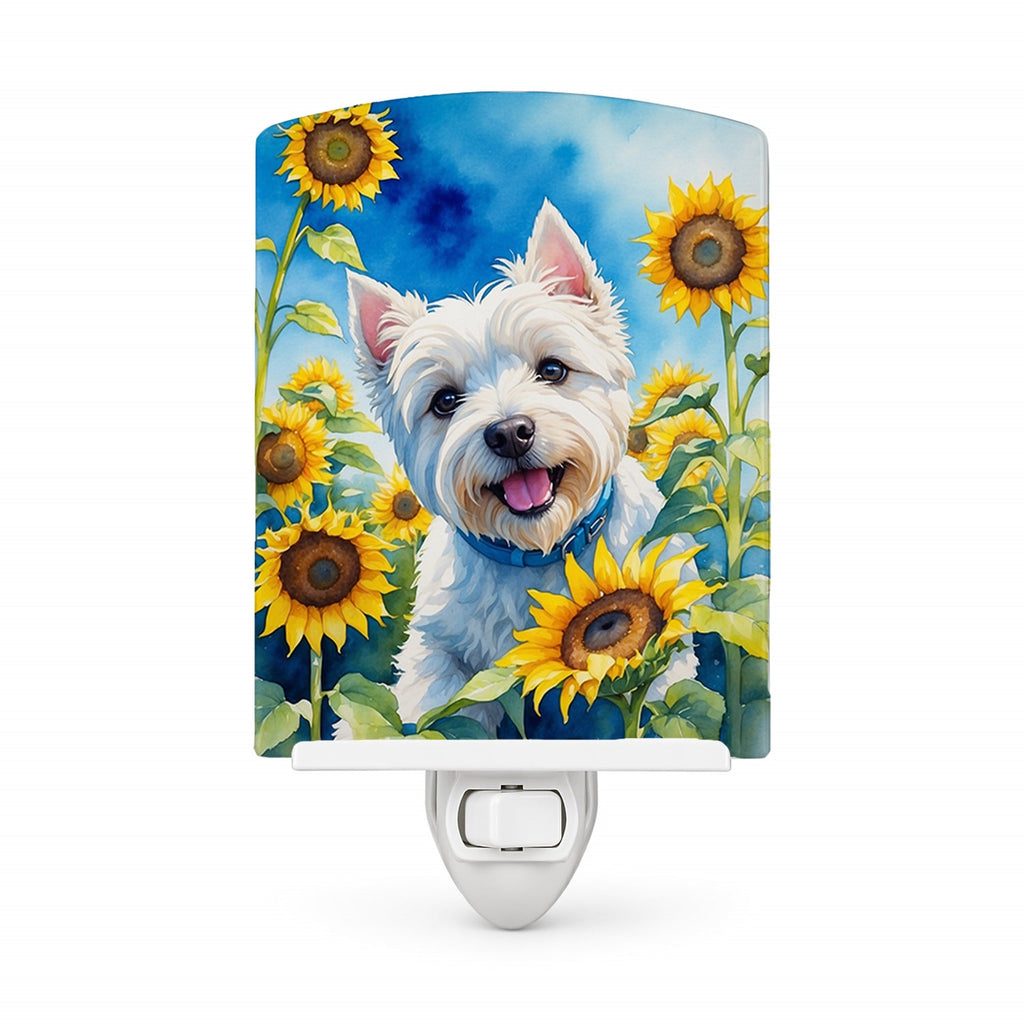 Westie in Sunflowers Ceramic Night Light Compact, UL-Certified, Ideal for Bedroom, Bathroom, Nursery, Hallway, Kitchen, 6x4x3, Multicolor