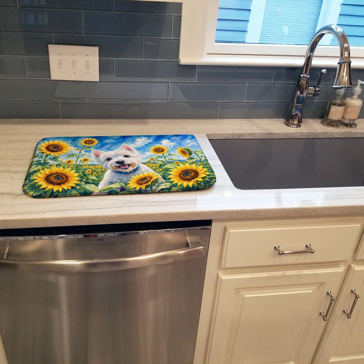 Westie in Sunflowers Dish Drying Mat Absorbent Dish Drying Mat Pad for Kitchen Counter Dish Drainer Mat for Countertop, 14 x 21", Multicolor