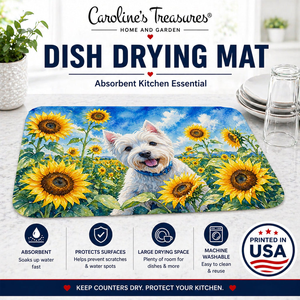 Westie in Sunflowers Dish Drying Mat Absorbent Dish Drying Mat Pad for Kitchen Counter Dish Drainer Mat for Countertop, 14 x 21", Multicolor
