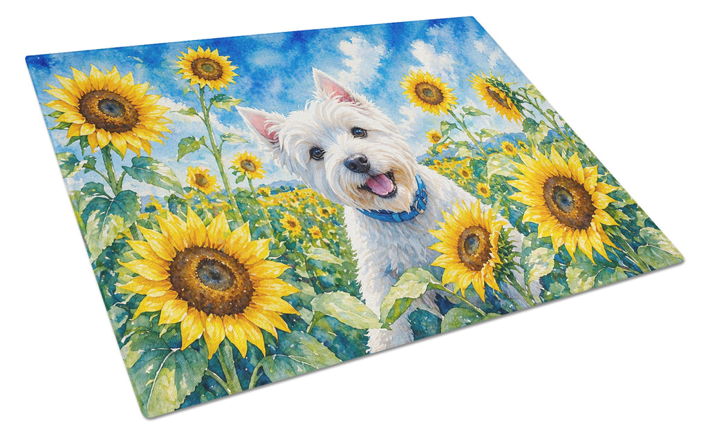 Westie in Sunflowers Cutting Board Tempered Glass Kitchen Cutting Surface, Heat Resistant Chopping Board with Non-Slip Feet, Decorative Food Prep & Serving