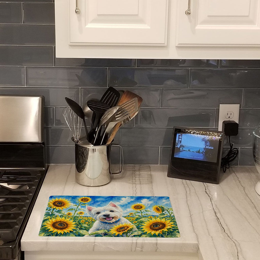 Westie in Sunflowers Cutting Board Tempered Glass Kitchen Cutting Surface, Heat Resistant Chopping Board with Non-Slip Feet, Decorative Food Prep & Serving