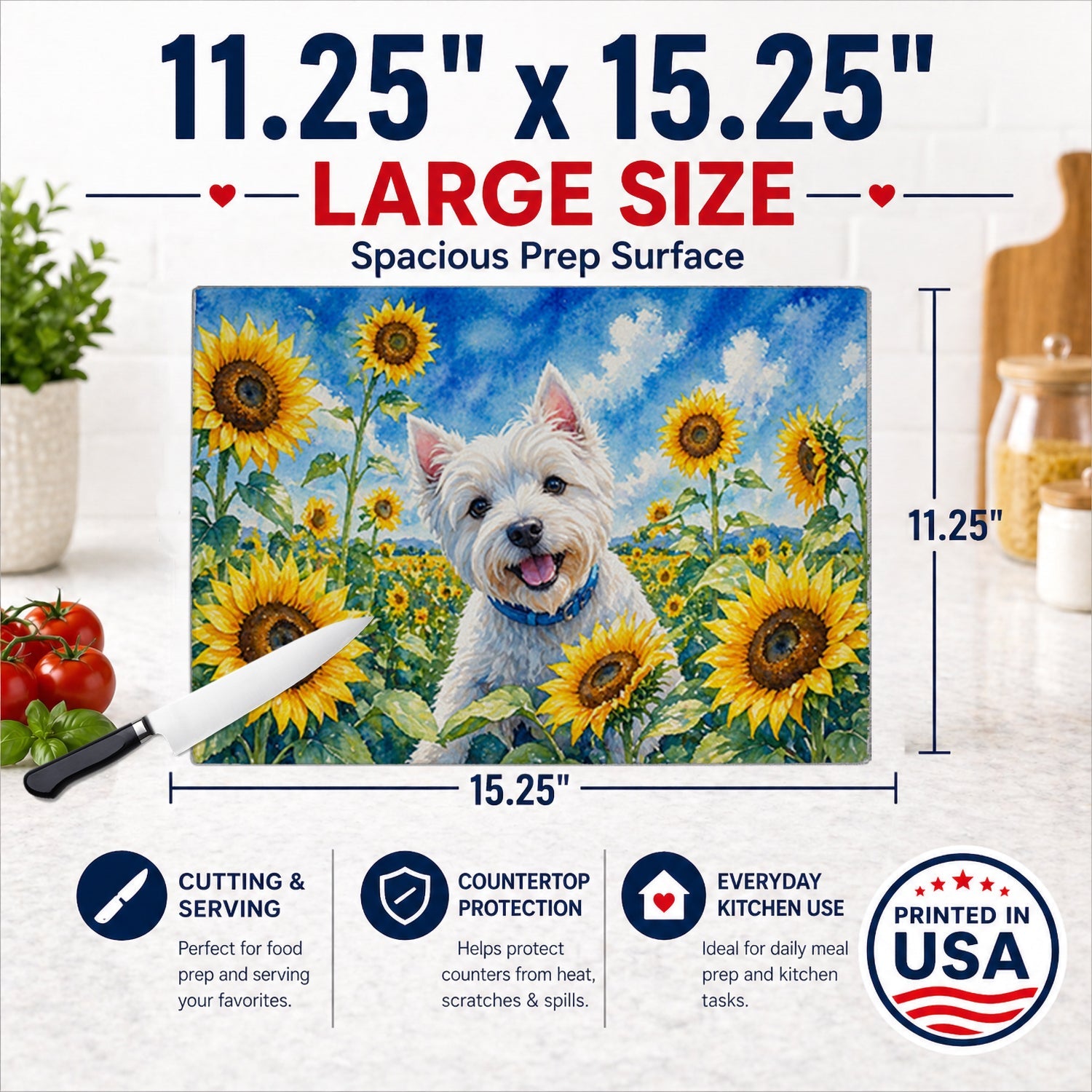 Westie in Sunflowers Cutting Board Tempered Glass Kitchen Cutting Surface, Heat Resistant Chopping Board with Non-Slip Feet, Decorative Food Prep & Serving