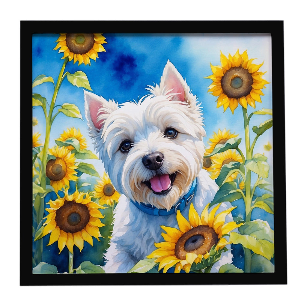 Westie in Sunflowers Framed Metal Print Bathroom, Kitchen, Office, Home Decor Wall Art Ready to Hang, Square, 8X8