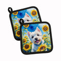 Westie in Sunflowers Pot Holder Set of 2 Heat Resistant Quilted Hot Pads 7.5 x 7.5 Inch, Insulated Kitchen Trivets for Cooking & Baking
