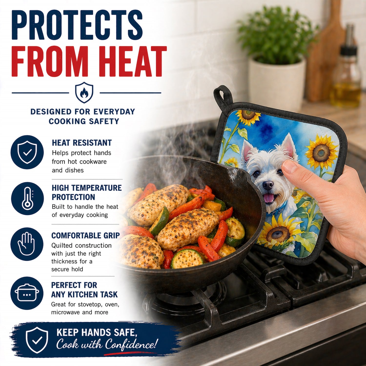 Westie in Sunflowers Pot Holder Set of 2 Heat Resistant Quilted Hot Pads 7.5 x 7.5 Inch, Insulated Kitchen Trivets for Cooking & Baking