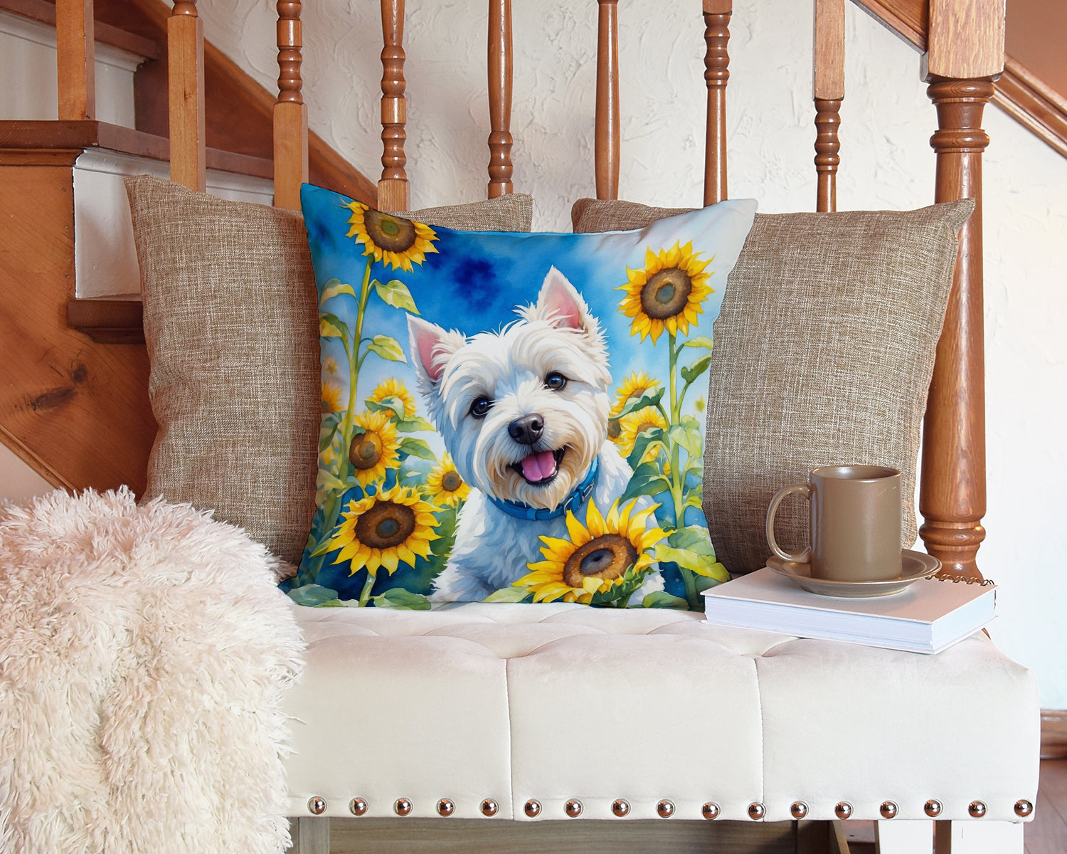 Westie in Sunflowers Decorative Throw Pillow 14x14 Indoor Outdoor Accent Cushion, Fabric Cover with Insert for Sofa, Bed, Porch & Living Room