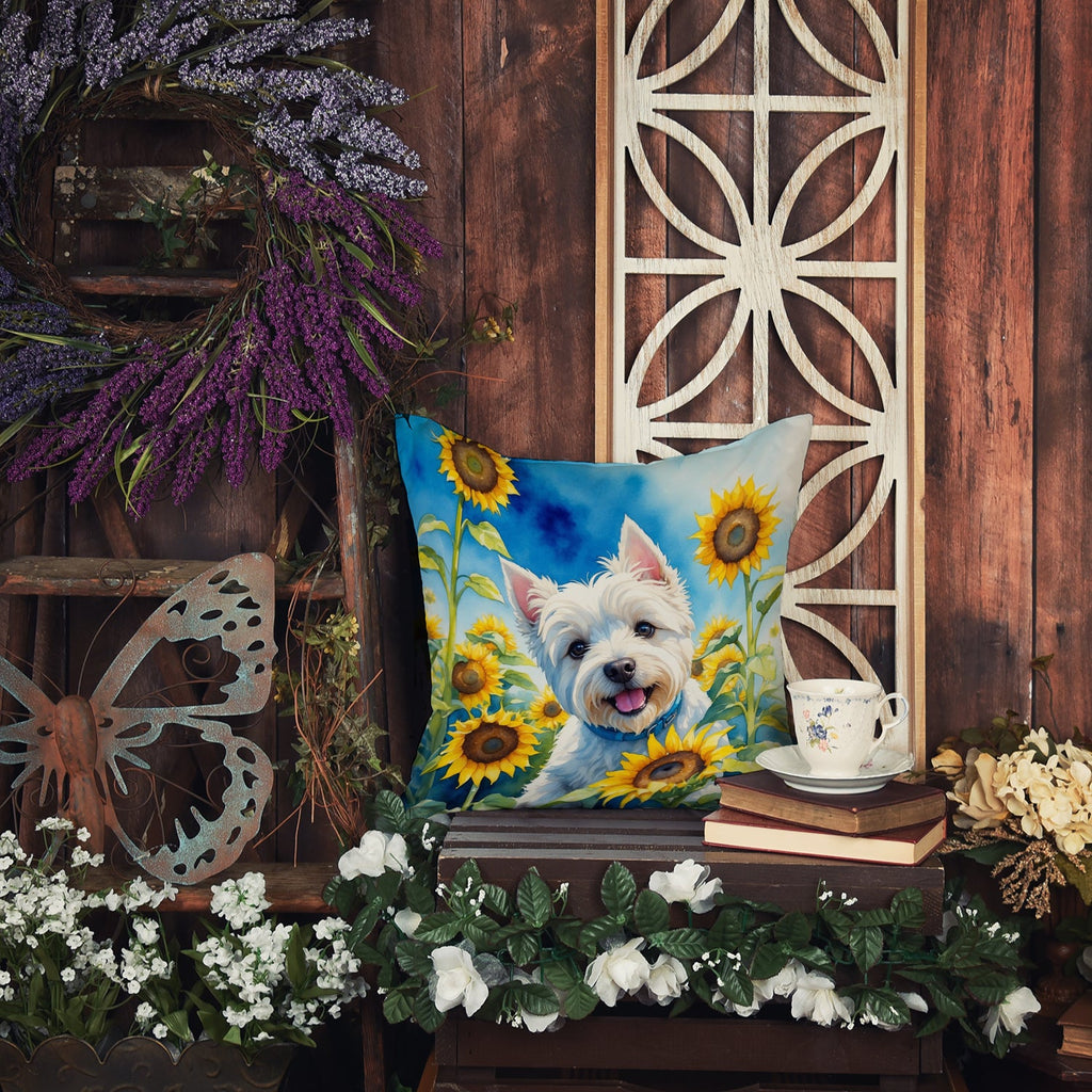 Westie in Sunflowers Decorative Throw Pillow 14x14 Indoor Outdoor Accent Cushion, Fabric Cover with Insert for Sofa, Bed, Porch & Living Room
