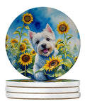 Westie in Sunflowers Large Sandstone Coasters Pack of 4 Absorbent Round Coasters Decor Gifts for Men or Women, 4 in, Multicolor