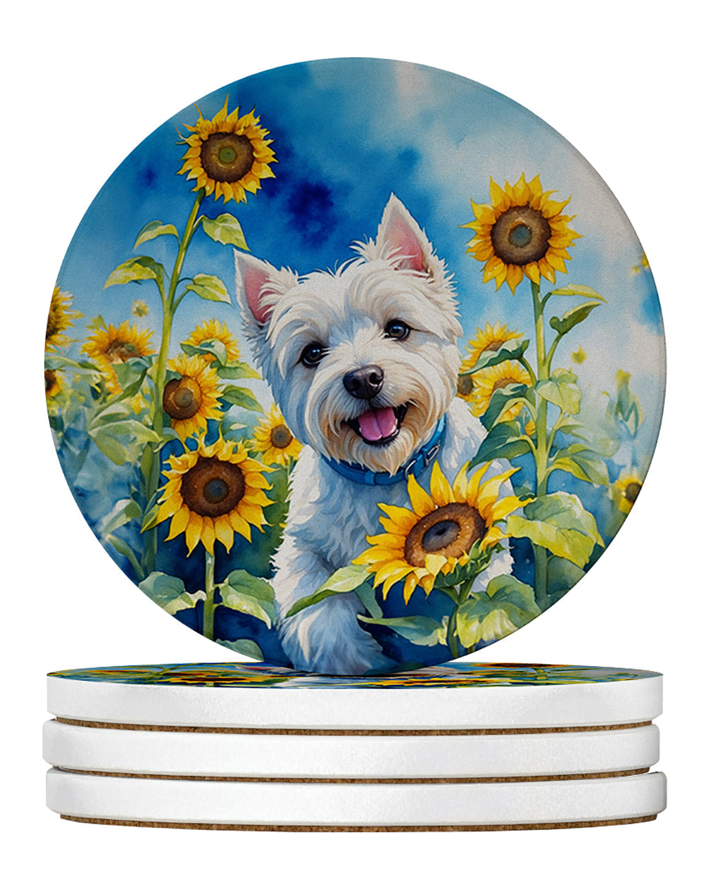 Westie in Sunflowers Large Sandstone Coasters Pack of 4 Absorbent Round Coasters Decor Gifts for Men or Women, 4 in, Multicolor