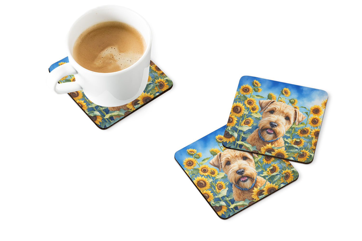 Wheaten Terrier in Sunflowers Foam Coasters Set of 4 Cup Coasters for Indoor Outdoor, Tabletop Protection, Anti Slip, Mouse pad Material