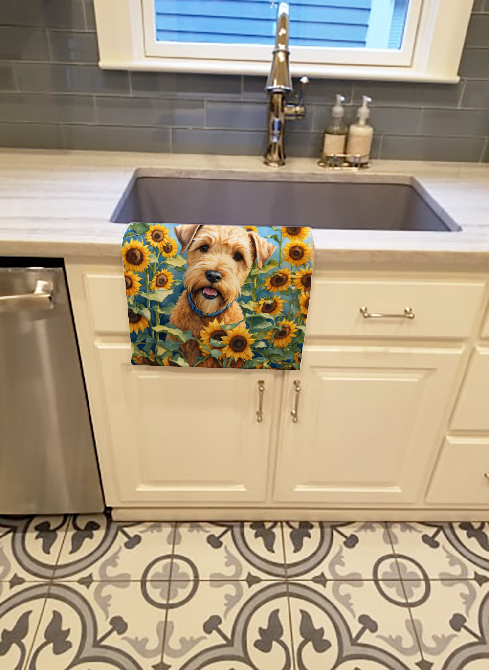 Wheaten Terrier in Sunflowers Kitchen Towel Velour Plush Front and Cotton Loop Back Machine Washable