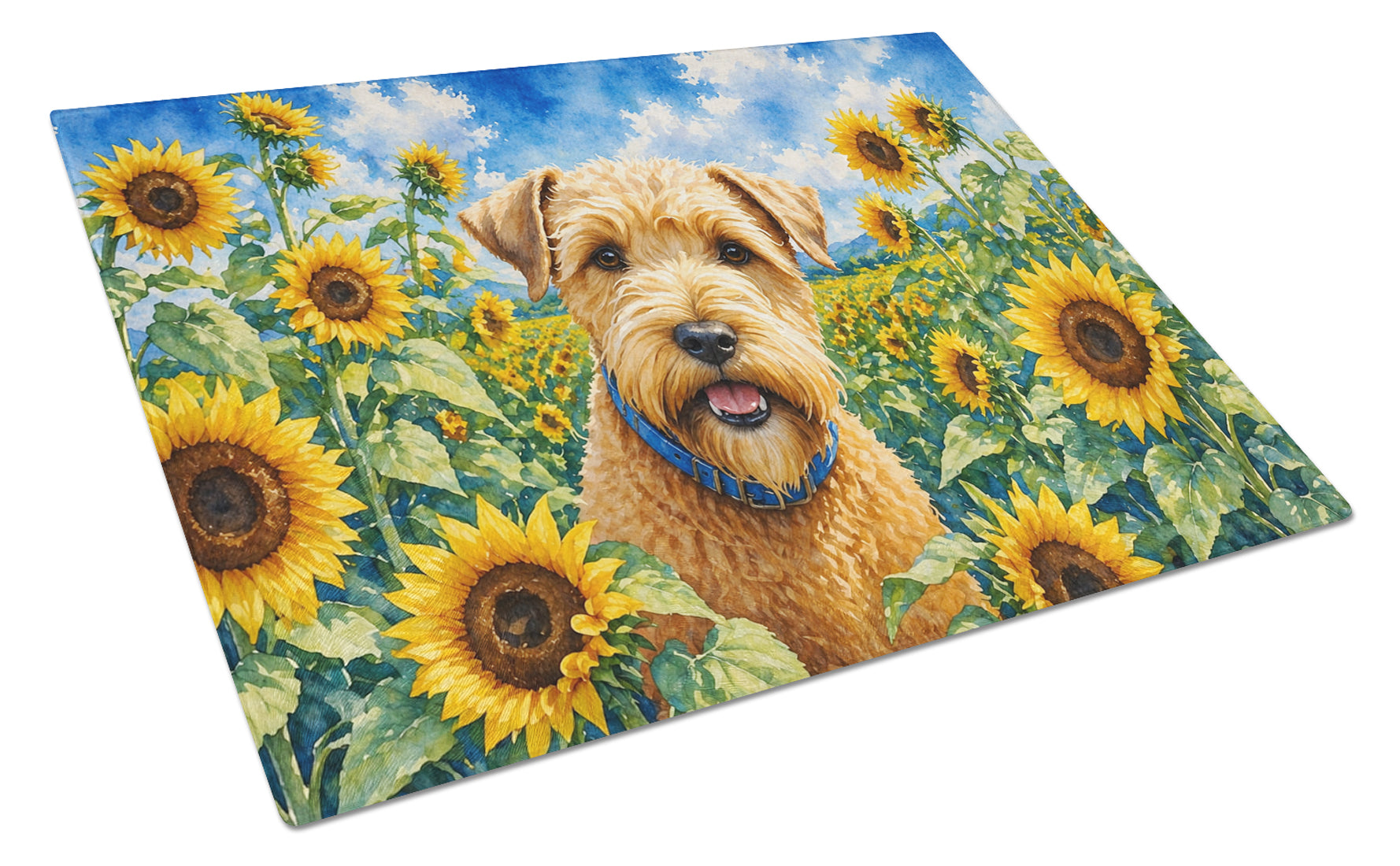 Wheaten Terrier in Sunflowers Cutting Board Tempered Glass Kitchen Cutting Surface, Heat Resistant Chopping Board with Non-Slip Feet, Decorative Food Prep & Serving