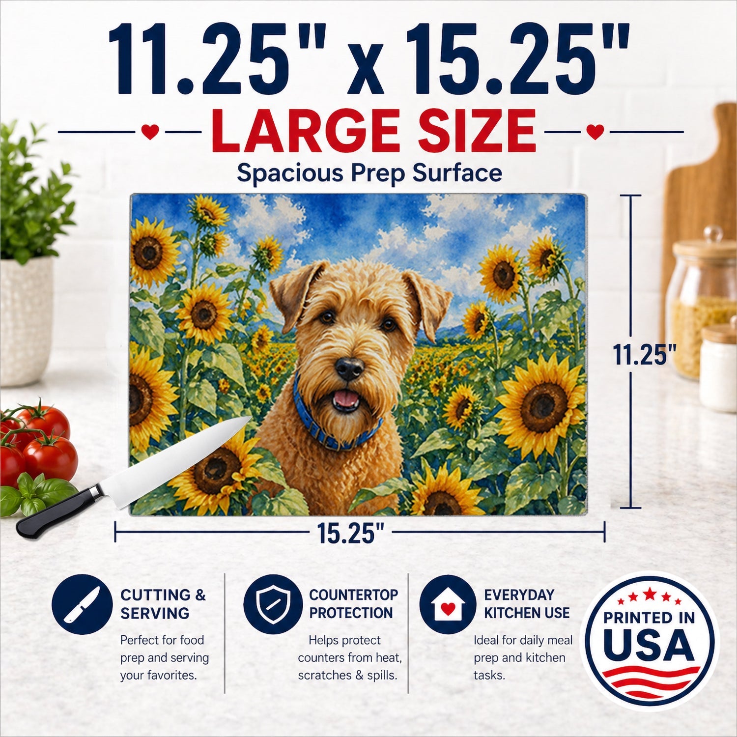 Wheaten Terrier in Sunflowers Cutting Board Tempered Glass Kitchen Cutting Surface, Heat Resistant Chopping Board with Non-Slip Feet, Decorative Food Prep & Serving