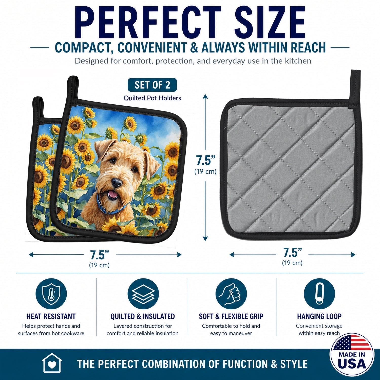 Wheaten Terrier in Sunflowers Pot Holder Set of 2 Heat Resistant Quilted Hot Pads 7.5 x 7.5 Inch, Insulated Kitchen Trivets for Cooking & Baking