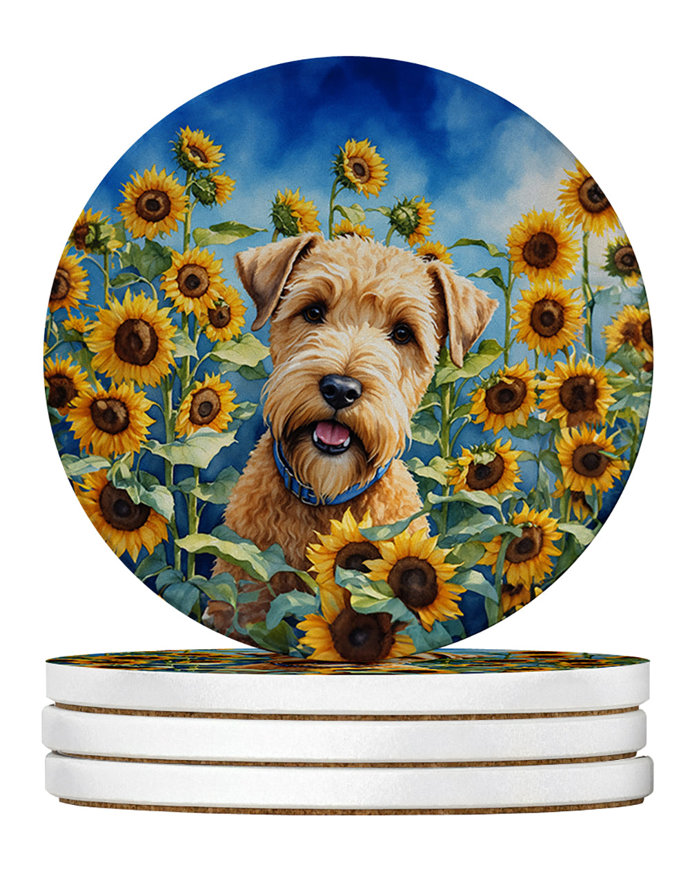 Wheaten Terrier in Sunflowers Large Sandstone Coasters Pack of 4 Absorbent Round Coasters Decor Gifts for Men or Women, 4 in, Multicolor