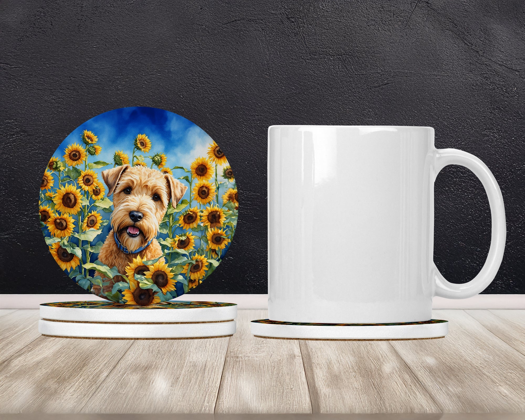 Wheaten Terrier in Sunflowers Large Sandstone Coasters Pack of 4 Absorbent Round Coasters Decor Gifts for Men or Women, 4 in, Multicolor