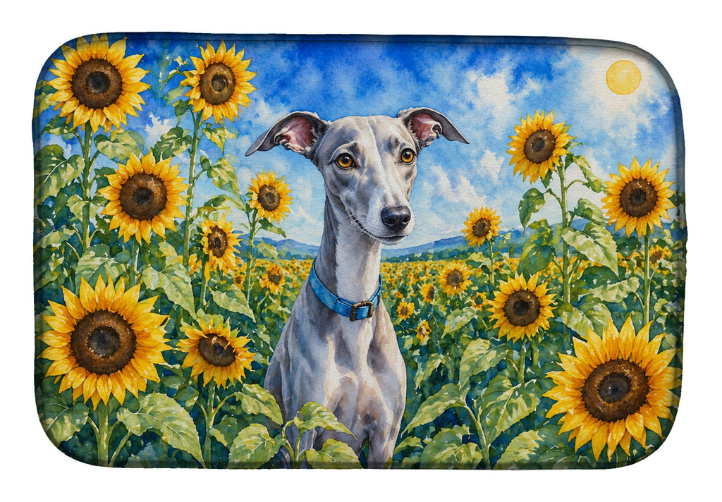 Whippet in Sunflowers Dish Drying Mat Absorbent Dish Drying Mat Pad for Kitchen Counter Dish Drainer Mat for Countertop, 14 x 21", Multicolor