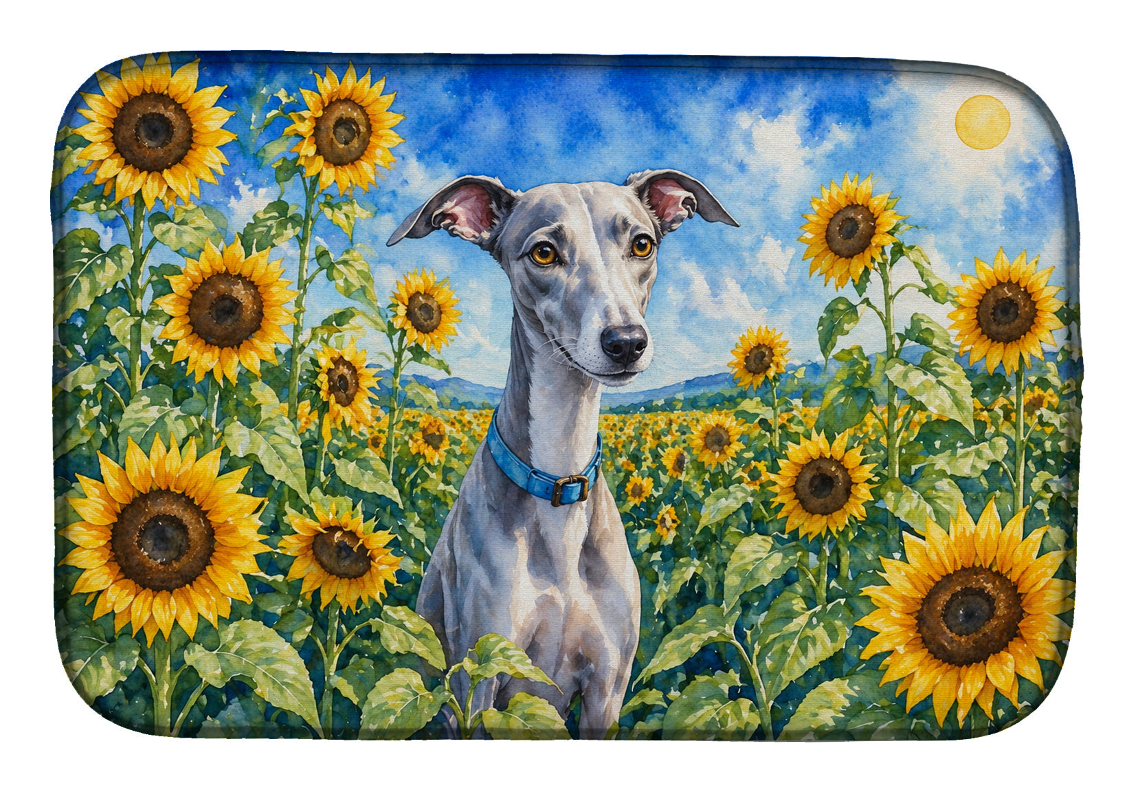 Whippet in Sunflowers Dish Drying Mat Absorbent Dish Drying Mat Pad for Kitchen Counter Dish Drainer Mat for Countertop, 14 x 21", Multicolor