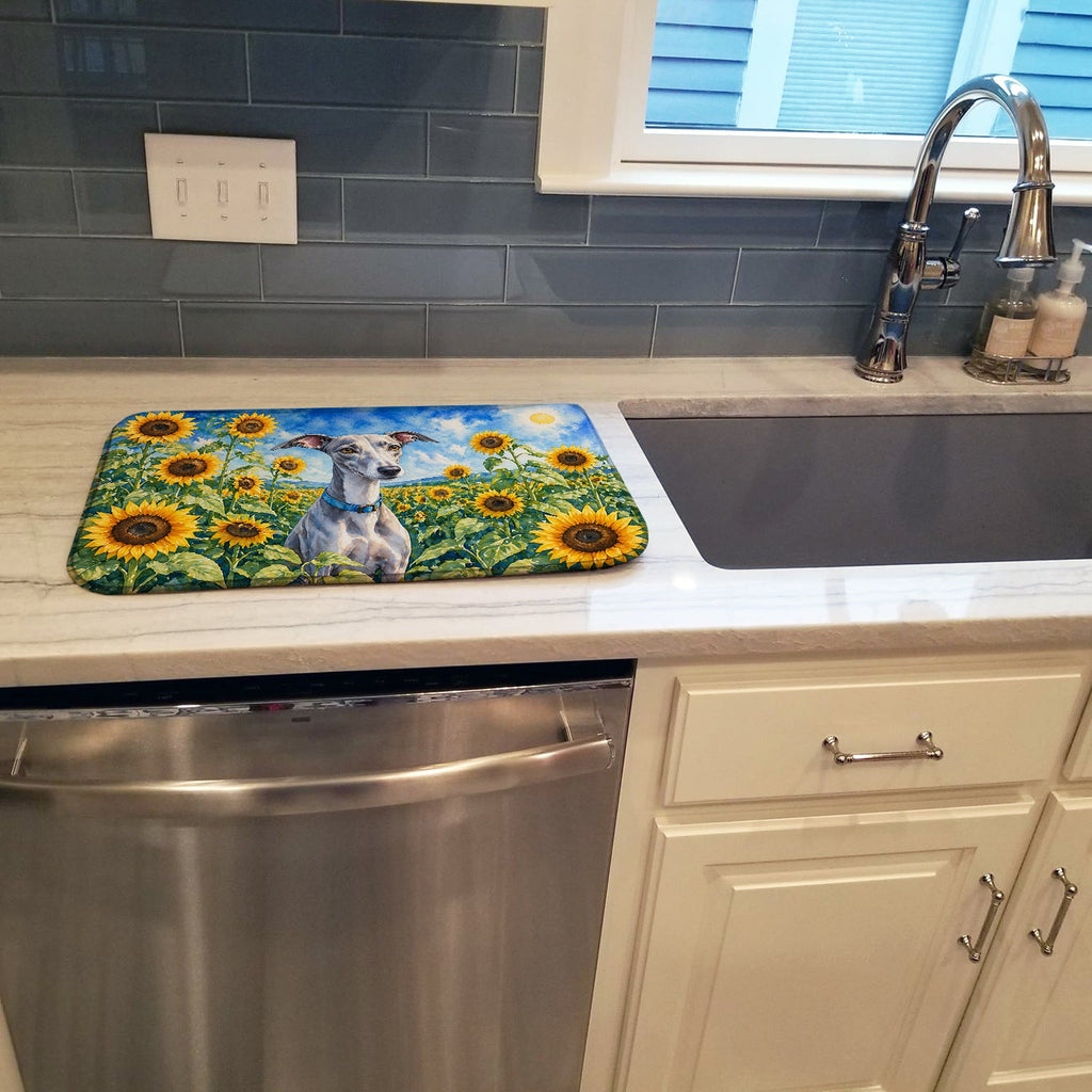 Whippet in Sunflowers Dish Drying Mat Absorbent Dish Drying Mat Pad for Kitchen Counter Dish Drainer Mat for Countertop, 14 x 21", Multicolor