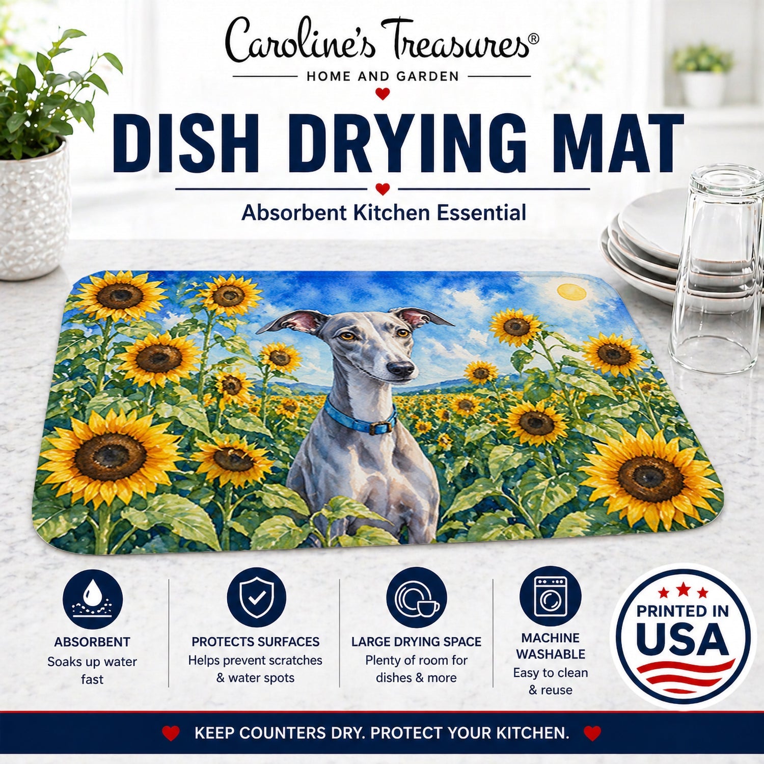 Whippet in Sunflowers Dish Drying Mat Absorbent Dish Drying Mat Pad for Kitchen Counter Dish Drainer Mat for Countertop, 14 x 21", Multicolor