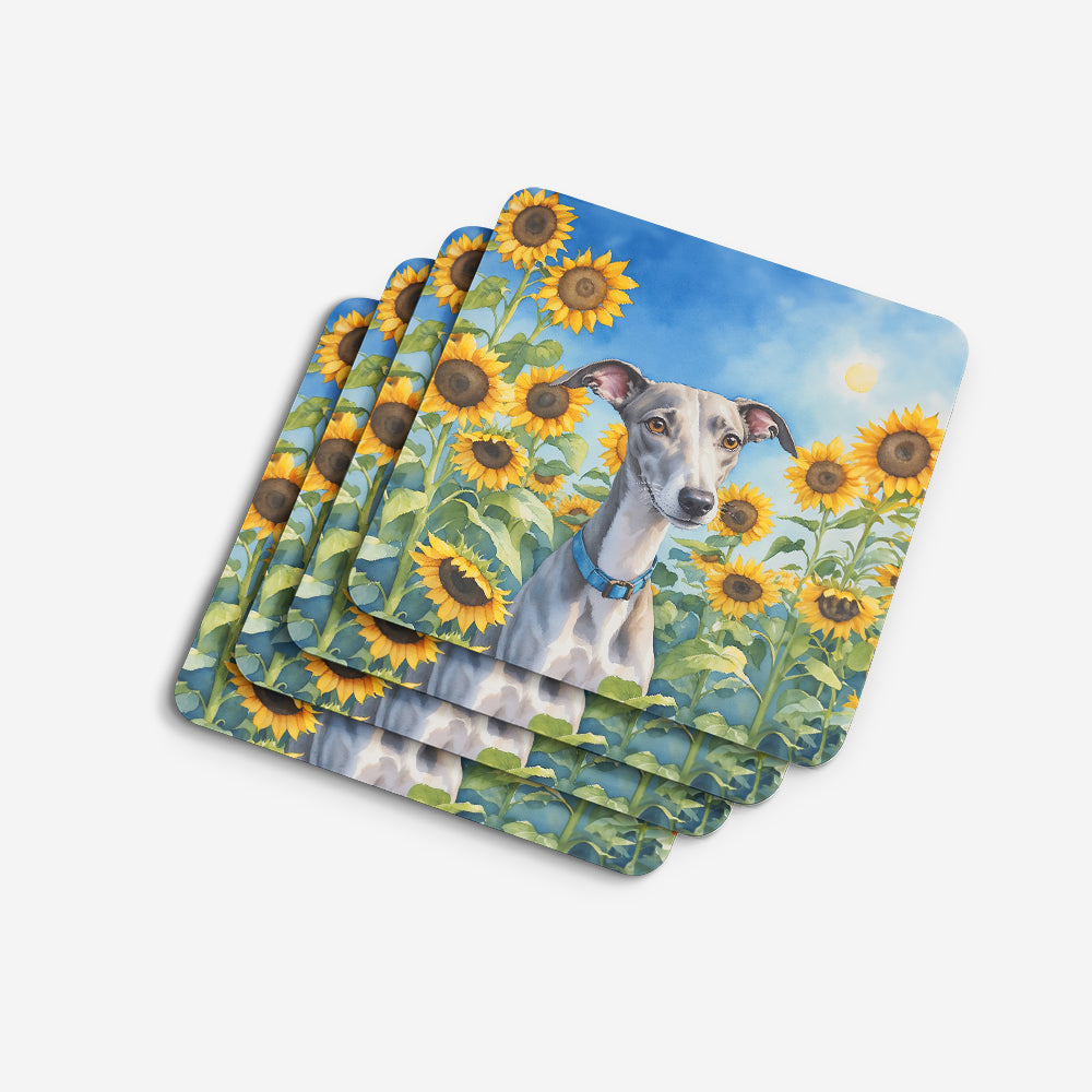 Whippet in Sunflowers Foam Coasters Set of 4 Cup Coasters for Indoor Outdoor, Tabletop Protection, Anti Slip, Mouse pad Material