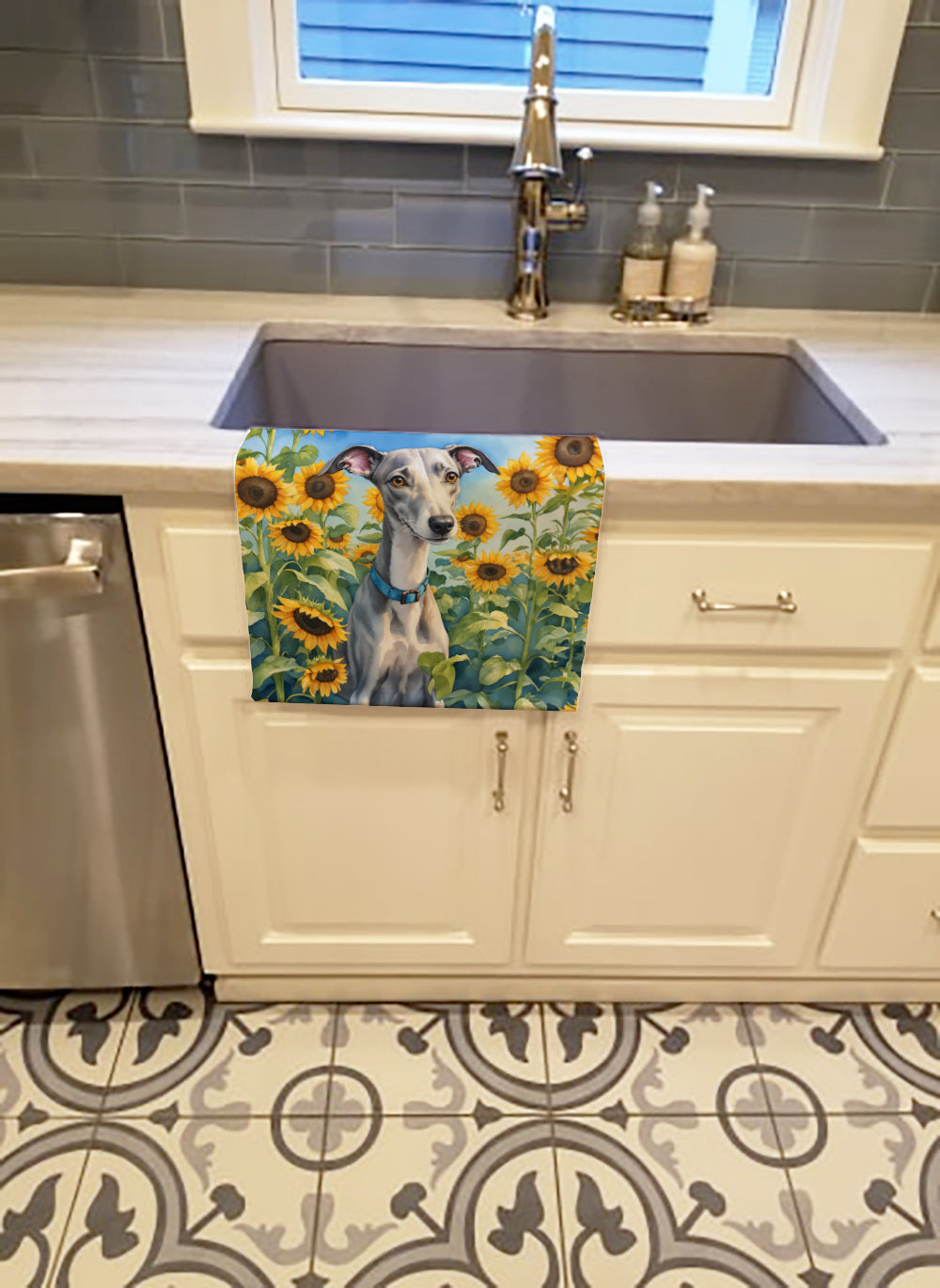 Whippet in Sunflowers Kitchen Towel Velour Plush Front and Cotton Loop Back Machine Washable