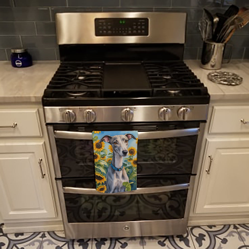 Whippet in Sunflowers Kitchen Towel Velour Plush Front and Cotton Loop Back Machine Washable