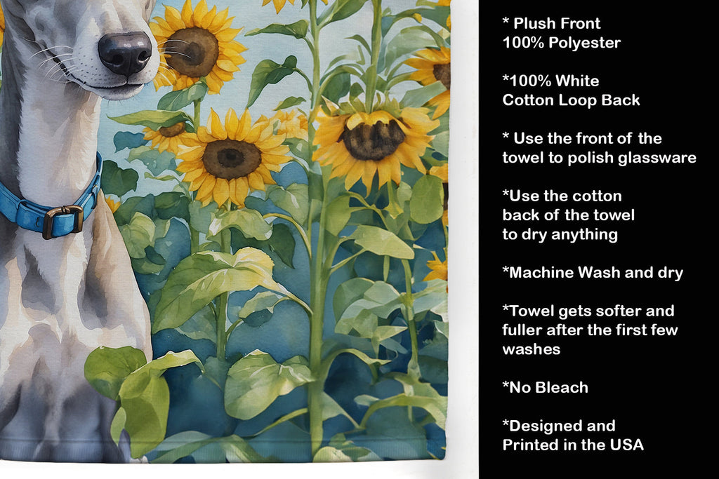 Whippet in Sunflowers Kitchen Towel Velour Plush Front and Cotton Loop Back Machine Washable