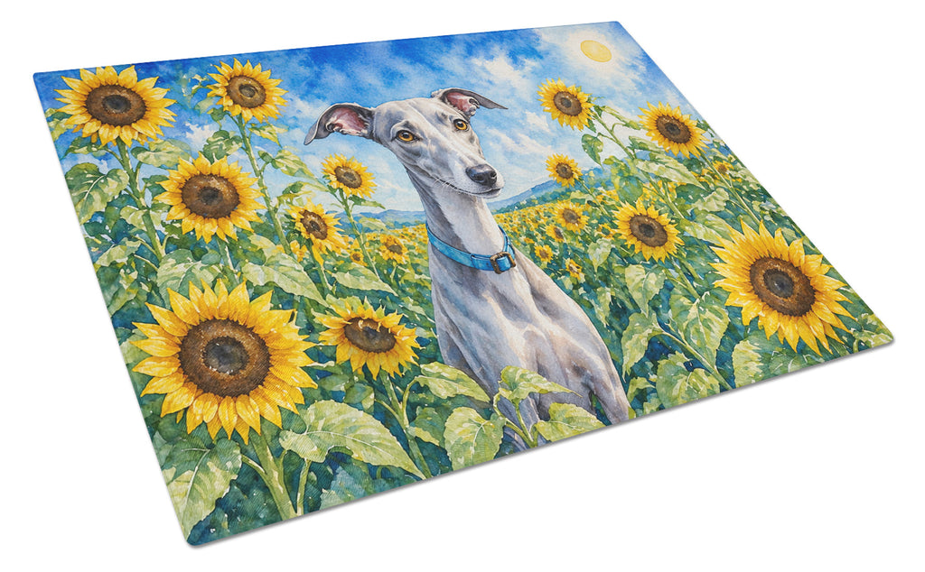 Whippet in Sunflowers Cutting Board Tempered Glass Kitchen Cutting Surface, Heat Resistant Chopping Board with Non-Slip Feet, Decorative Food Prep & Serving